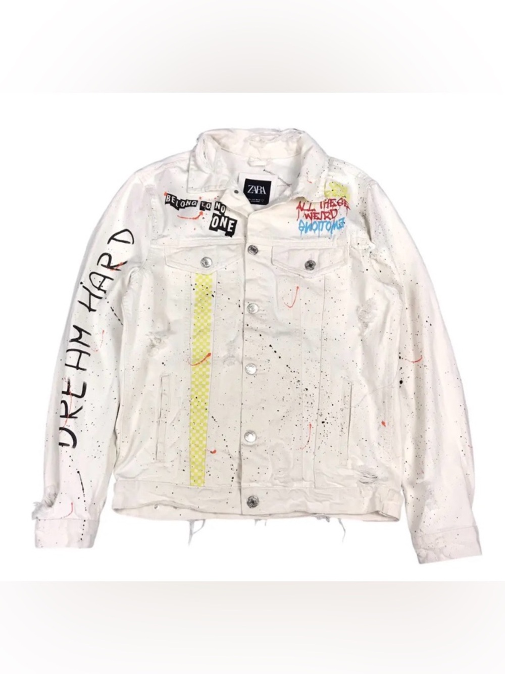 ZARA Distressed Graffiti Denim Jacket White Paint Splatter Streetwear Rare Sz M